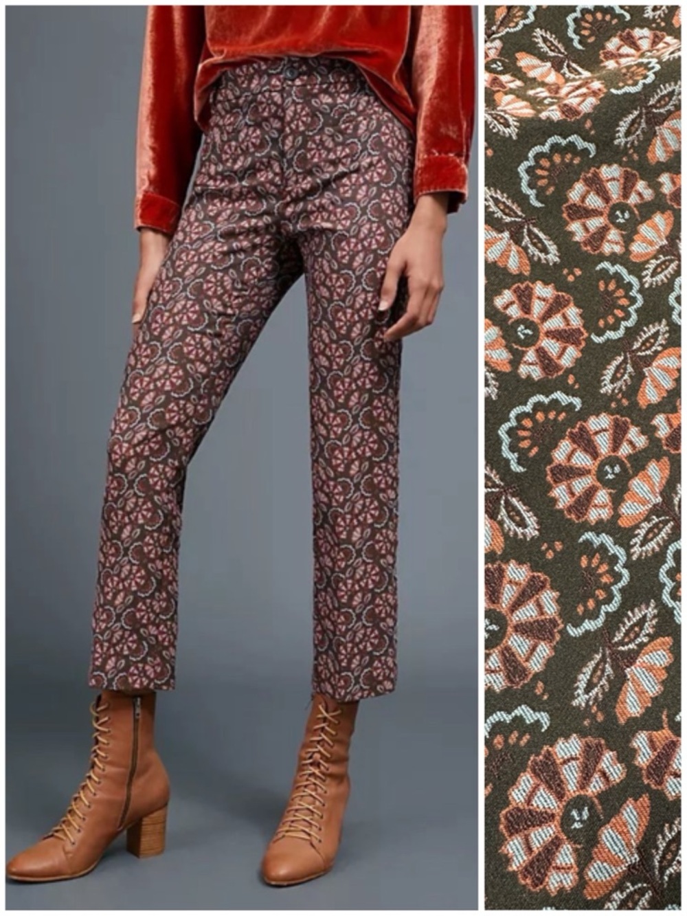 Anthropologie The Essential Slim Jacquard Pant Brown Motif Tapestry Floral Print